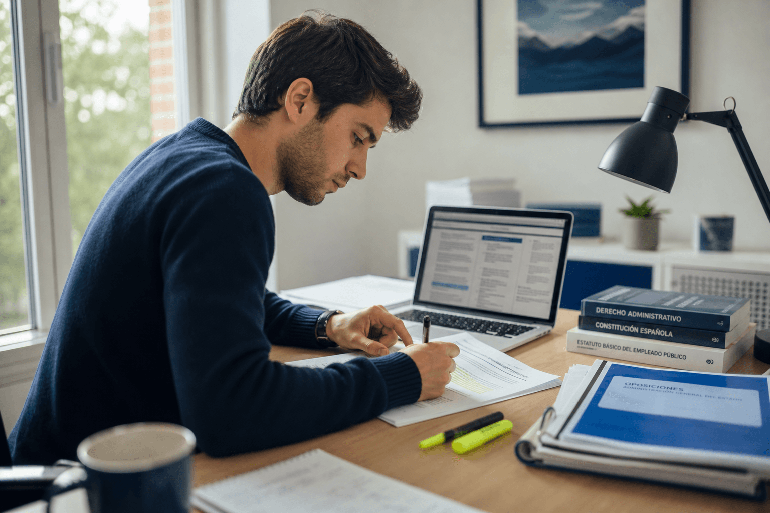 Student preparing for an exam with a laptop, notes and study materials