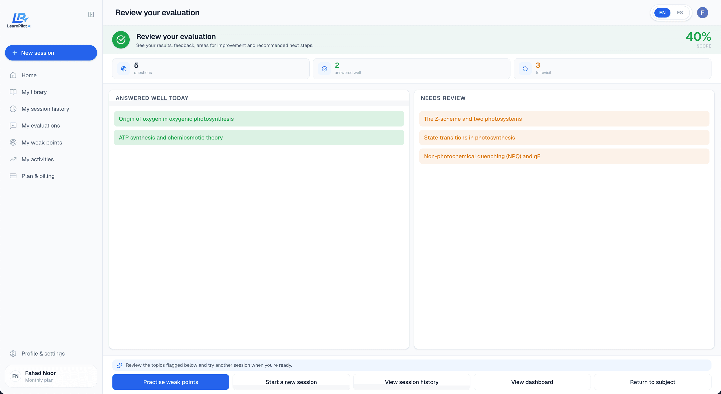 LearnPilot evaluation screen showing your score, topics answered well and topics to review