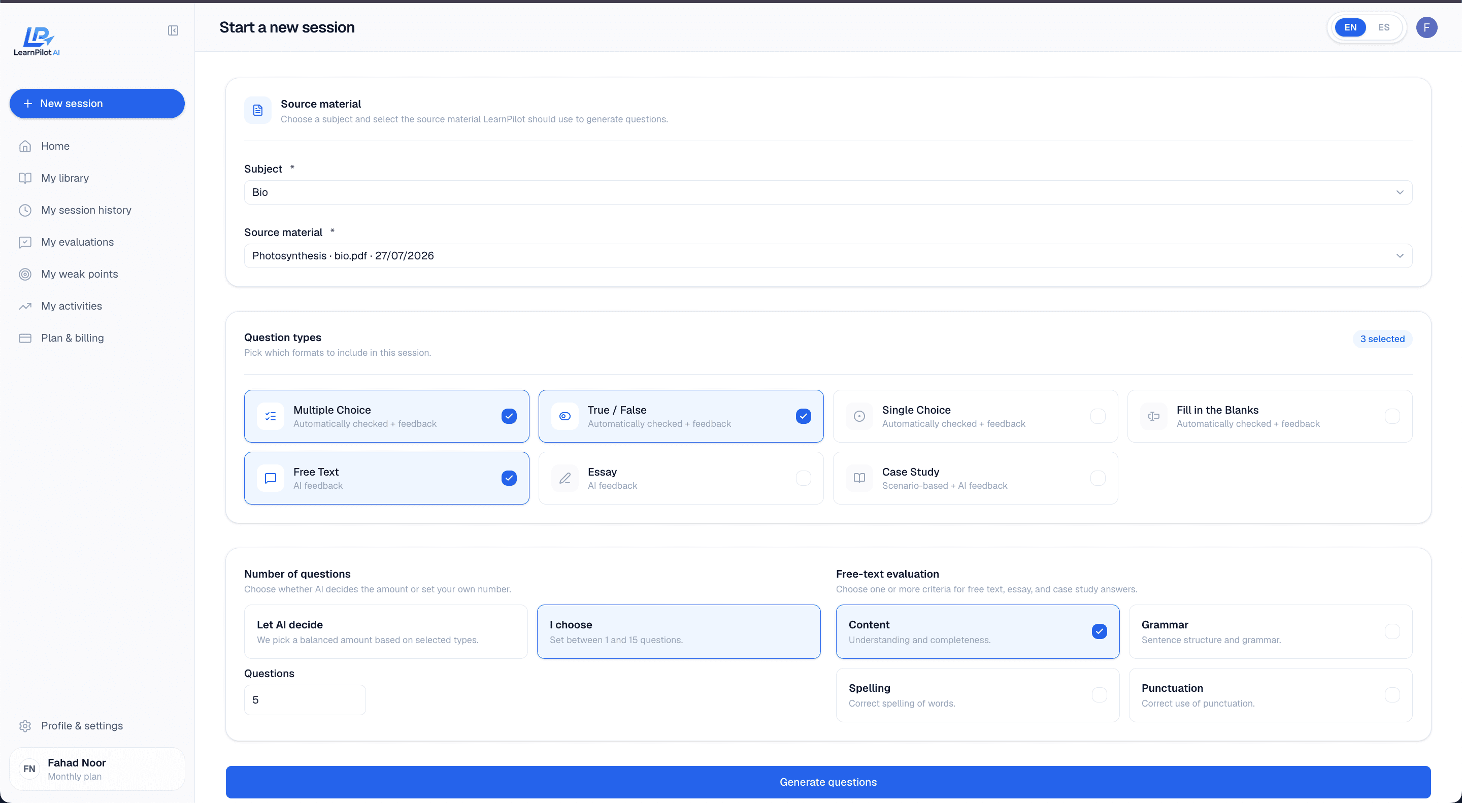 LearnPilot session setup: choosing a subject, source material and question types
